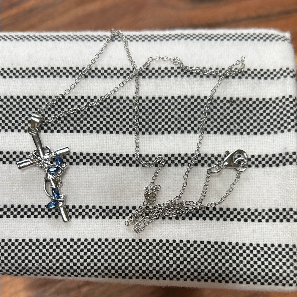 Silver Cross with CZ and Blue Sapphire Like Crystals Pendant Necklace NWT
